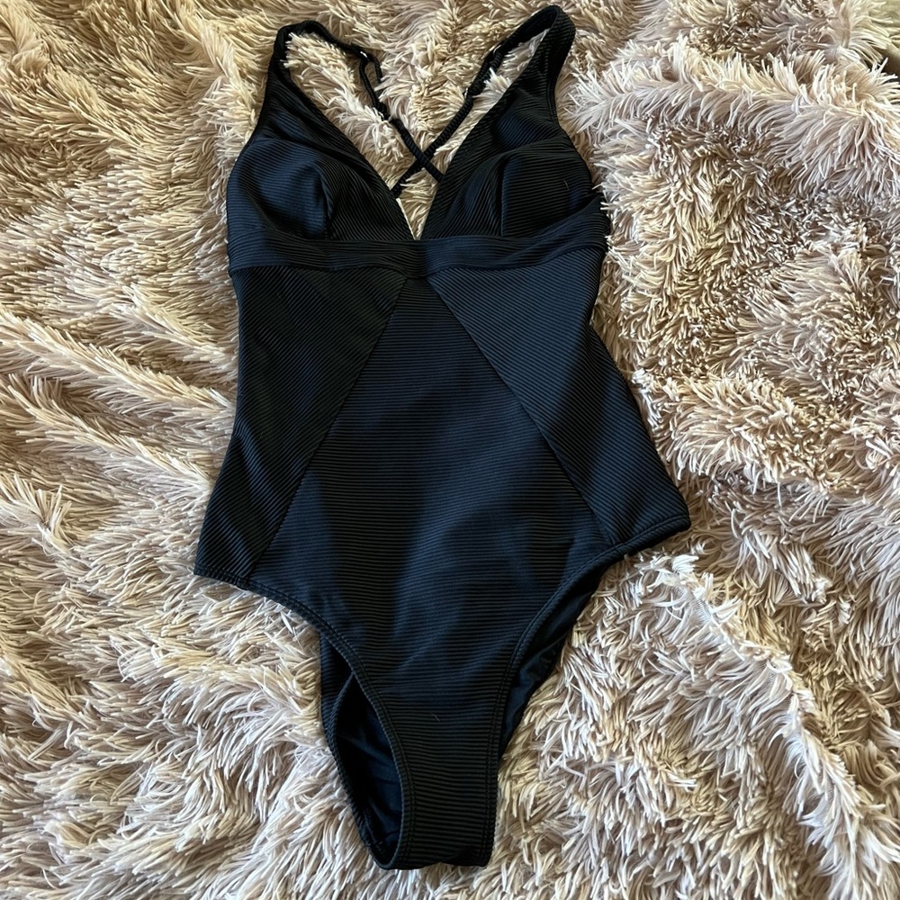 NWT long torso black ribbed one piece swim